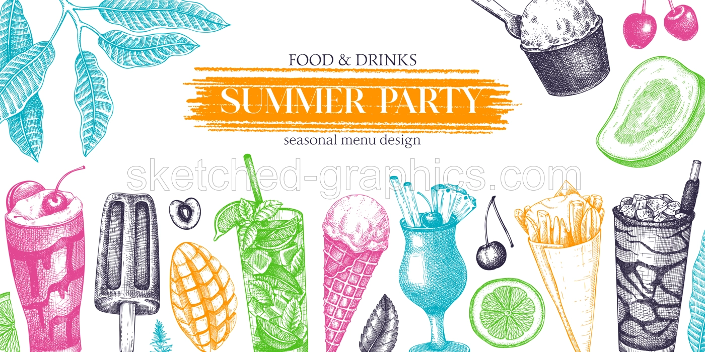 Summer party background. Non-alcoholic beverage, mocktail, ice cream, fruit, cocktail sketches. Hand drawn vector illustration. Summer food festival frame. Bar menu. Tropical design in color Illustration